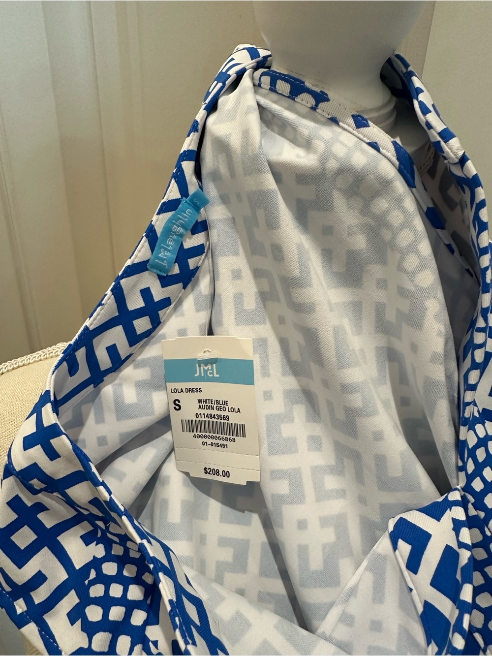 J McLaughlin Lola Dress, Blue/wht Geometric, Catalina Cloth Jersey, Sz S, nwt - Picture 5 of 7